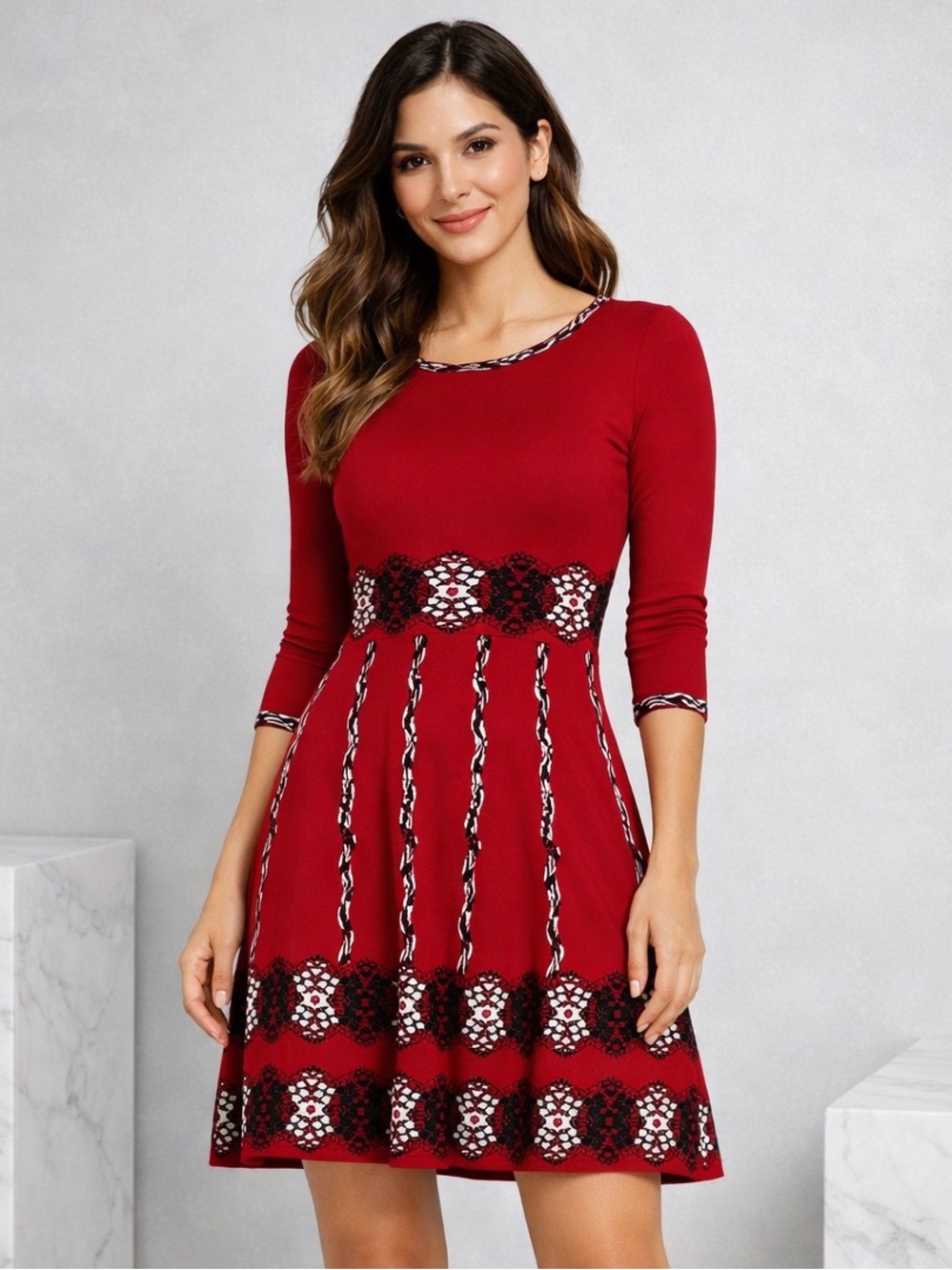 NWT Taylor Lace Printed Sweater Dress Red Black